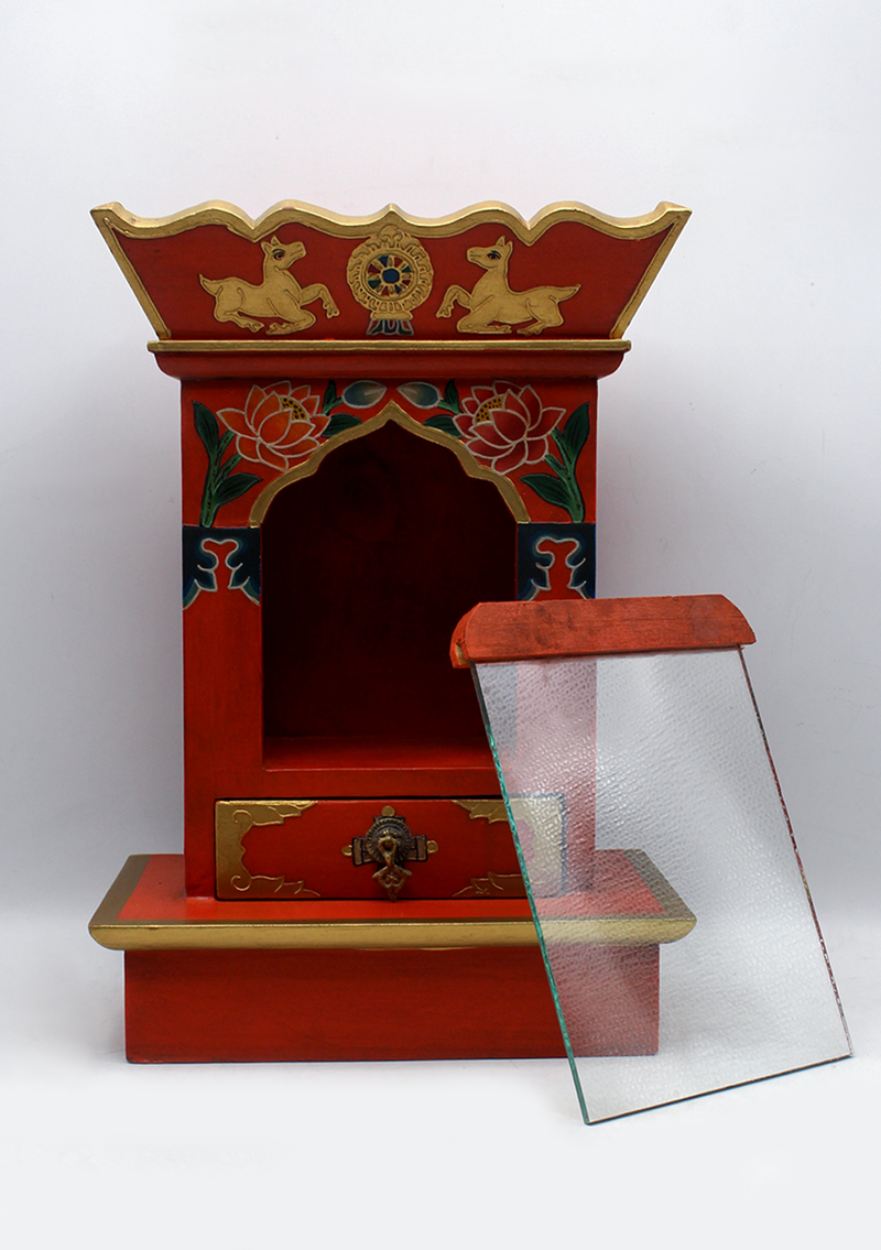 The Three Jewels Tibetan Wooden Shrine Altar Box with Glass