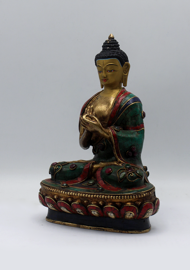 Stone Inlaid Copper Vairocana Buddha Statue 8.5"H