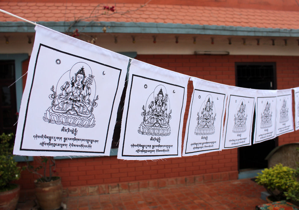 All White Chenrezig Poly-Cotton Belnd Prayer Flags