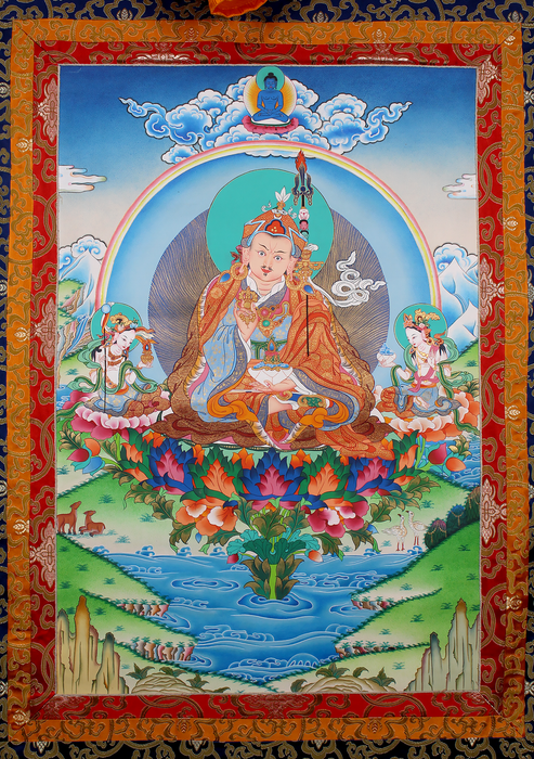 Guru Rinpoche with Two Consorts Brocade Thangka Painting | Handmade Tibetan Buddhist Art from Nepal