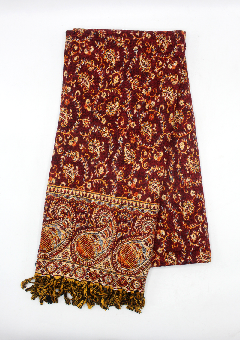 Hand loomed Mini Leaves Red Woolen Shawl