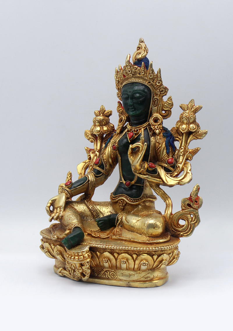 Gold Plated  Green Stone Green Tara Statue 9"H