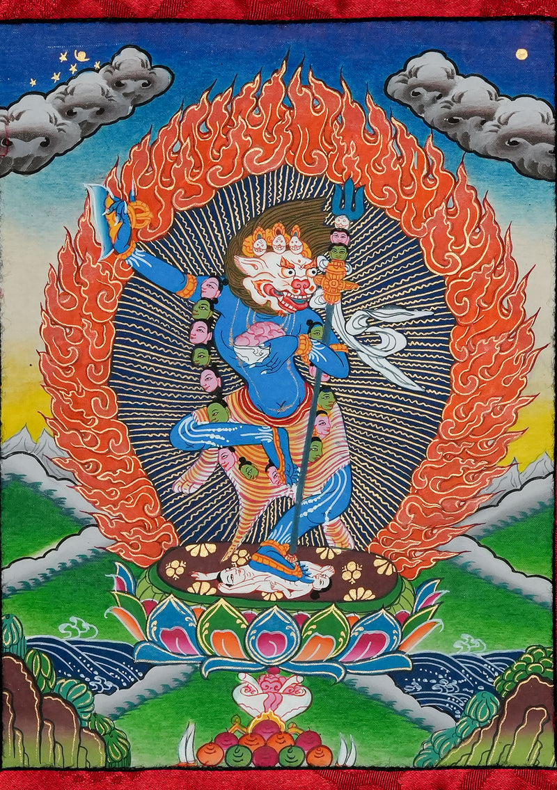 Simhamukha Thangka Painting with Brocade