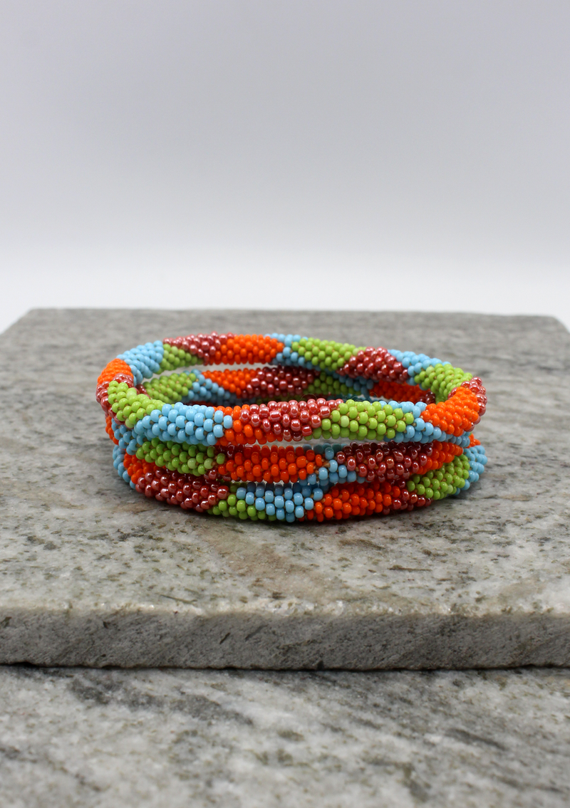 Zick  Zack Green Orange Nepalese Roll on Beads Bracelet