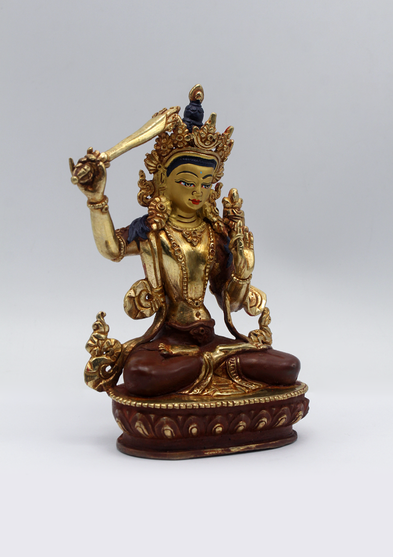 Partly Gold Plated Copper Manjushri Statue 5.5"H