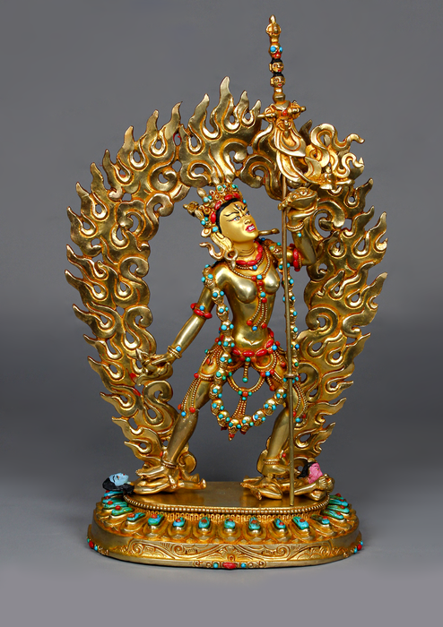 24K Gold-Gilded Vajrayogini Statue with Turquoise & Coral Inlay – 10.5"