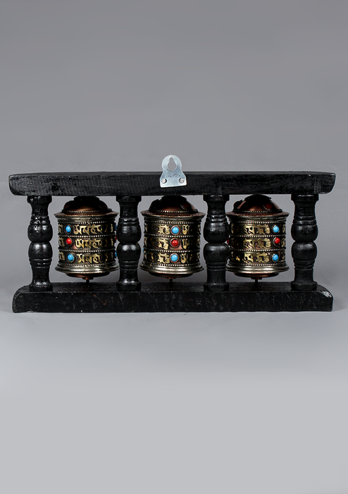 Om Mani Nepal Souvenirs 3 Prayer Wheel Wooden Frame Hanging