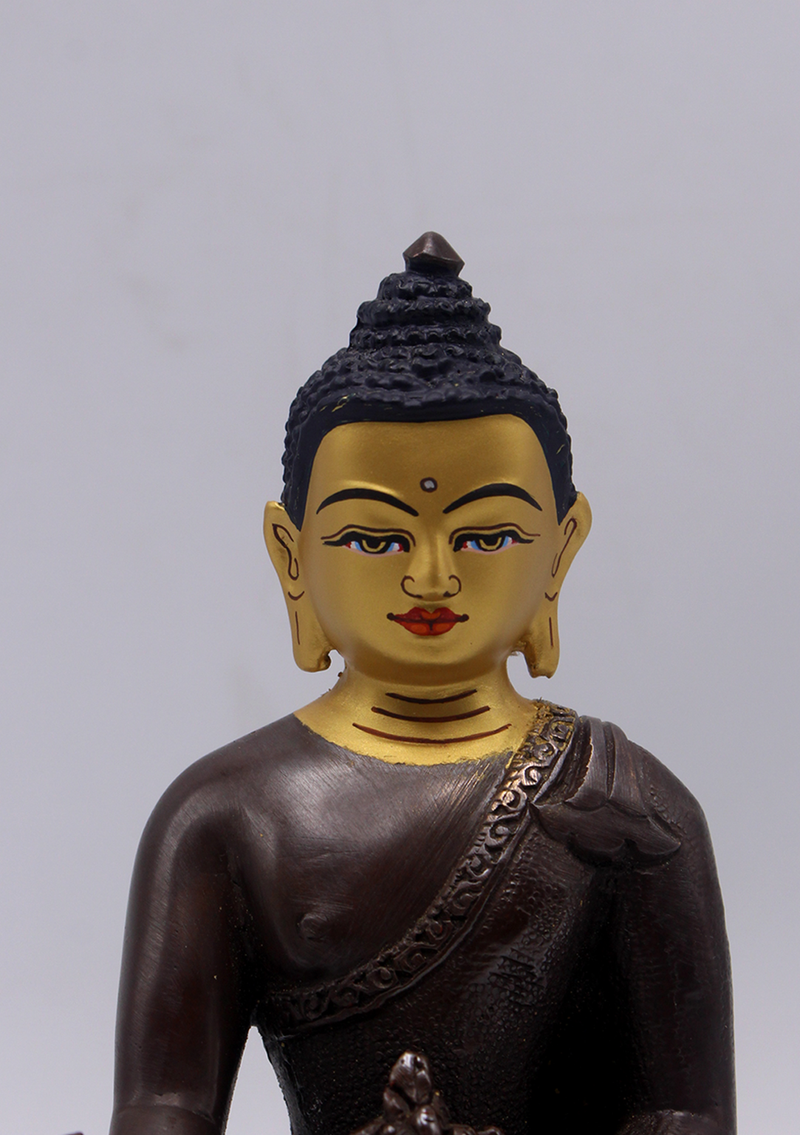 Gold Face Painted Copper Medicine Buddha Statue 5.5"H