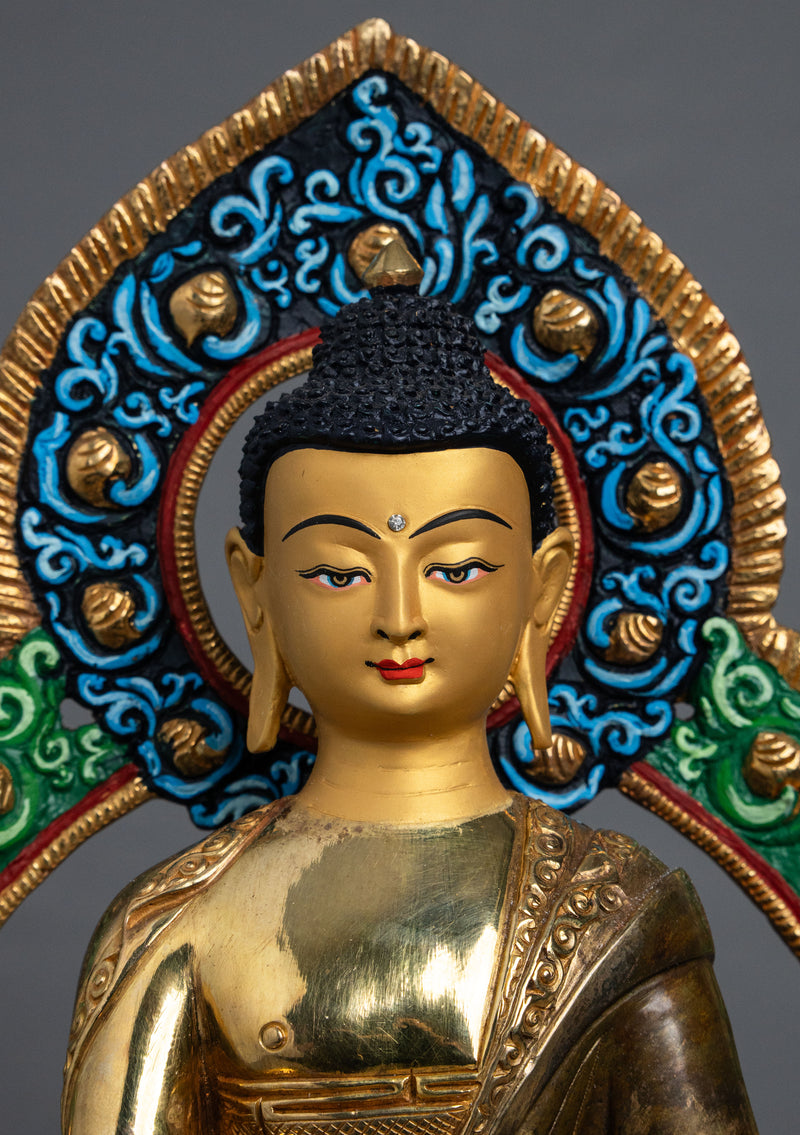 Partly Gold Plated Shakyamuni Buddha Statue with Hand-Painted Mandorla – 10" Handmade Nepalese Buddhist Art