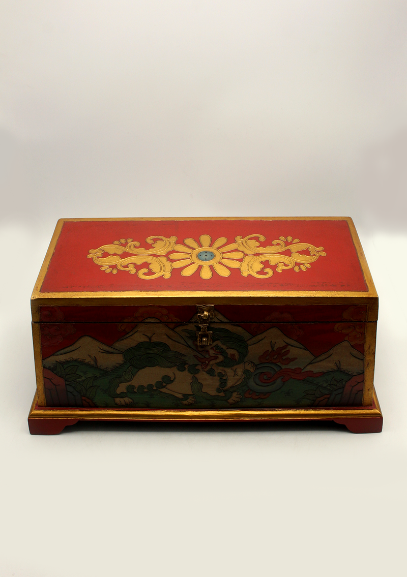 Handpainted Tibetan Snow Lion Wooden Box- Exra Large