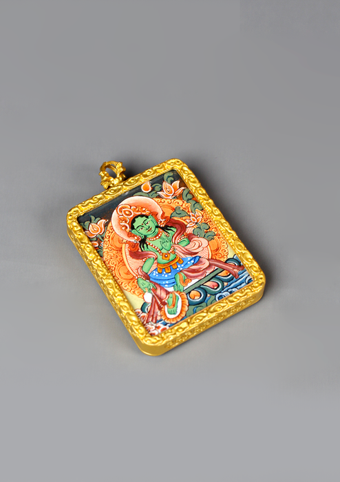 Hand Painted Mini Green Tara Amulet Pendant Gold
