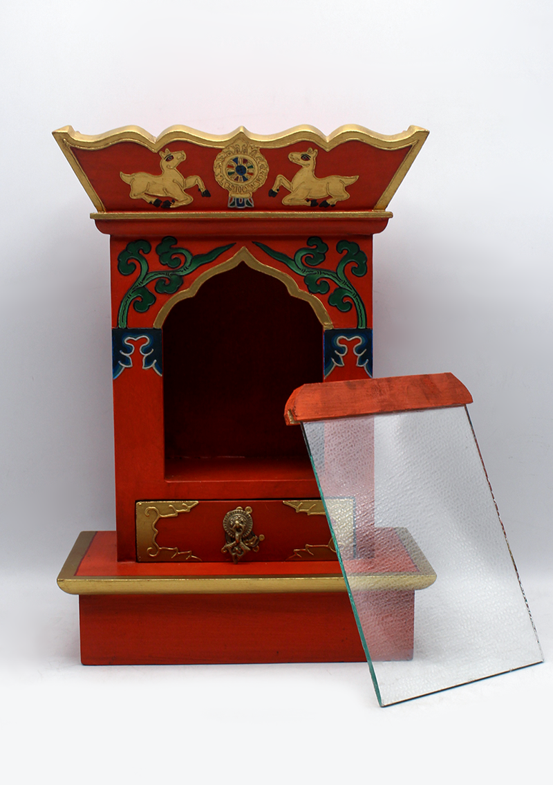 Conch Tibetan Wooden Shrine Altar Box with Glass