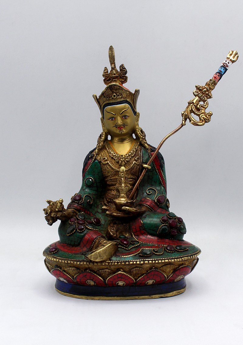 Stone Inlaid Copper Guru Padmasambhava Statue 8.5"H