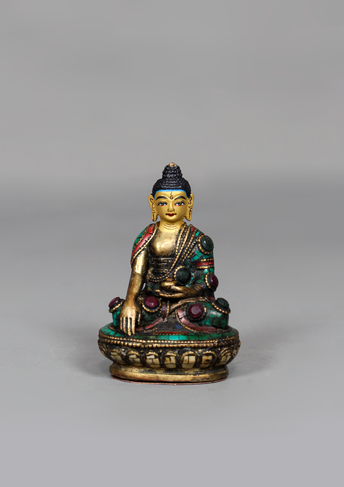 Stone Inlaid Copper Shakyamuni Buddha Statue 3.25" H