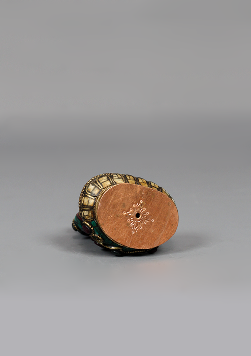 Stone Inlaid Copper Amoghasiddhi Buddha Statue 3.25" H