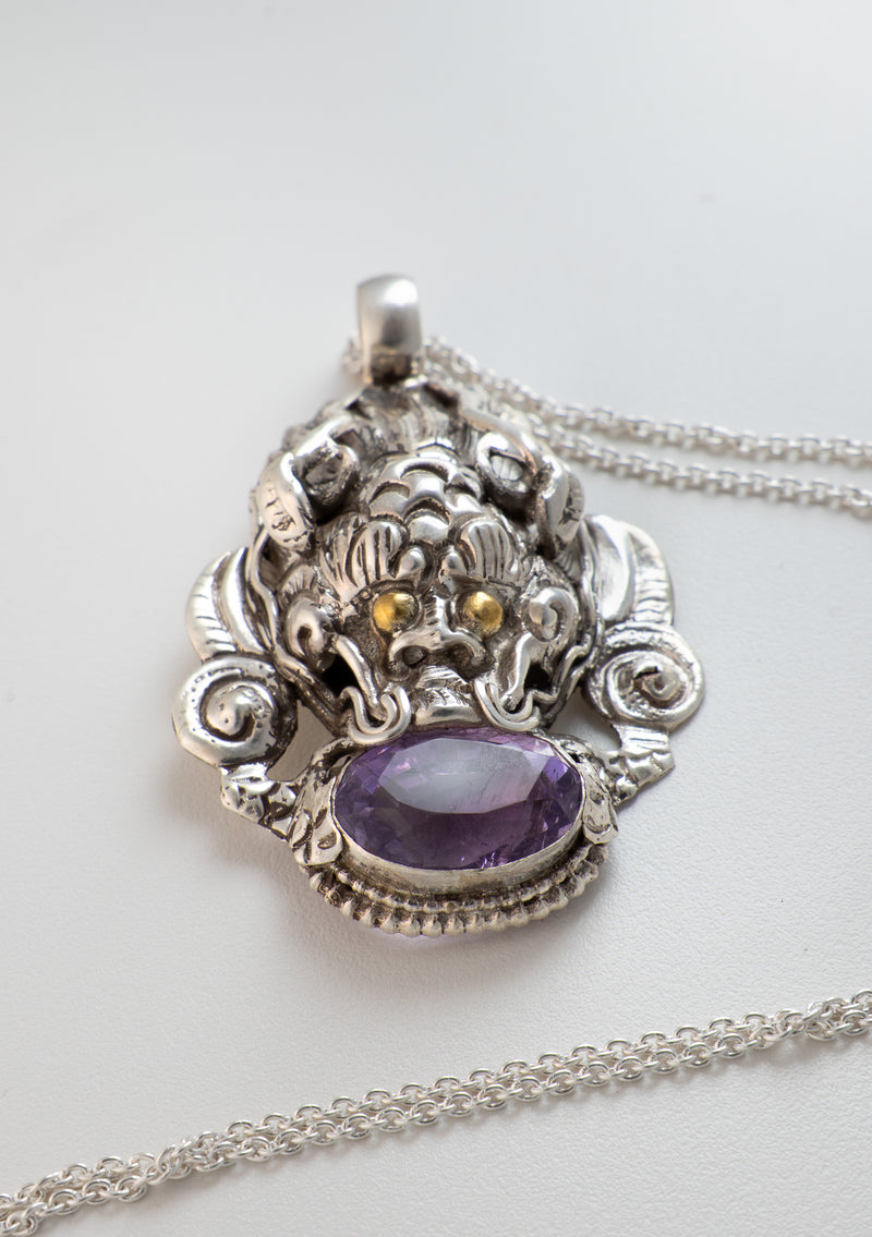 Sterling Silver Amethyst Dragon Pendant with Chain