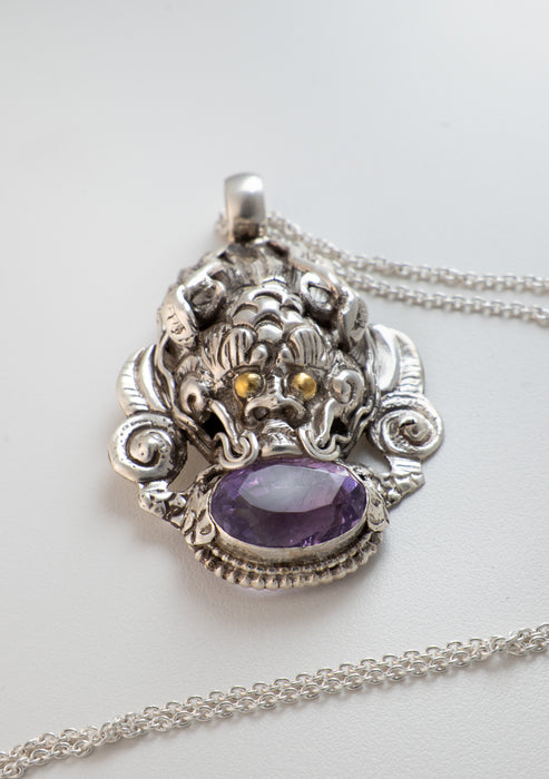 Sterling Silver Amethyst Dragon Pendant with Chain