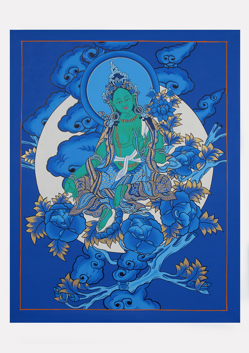 Green Tara Thangka Painting with Moon and Clouds Background