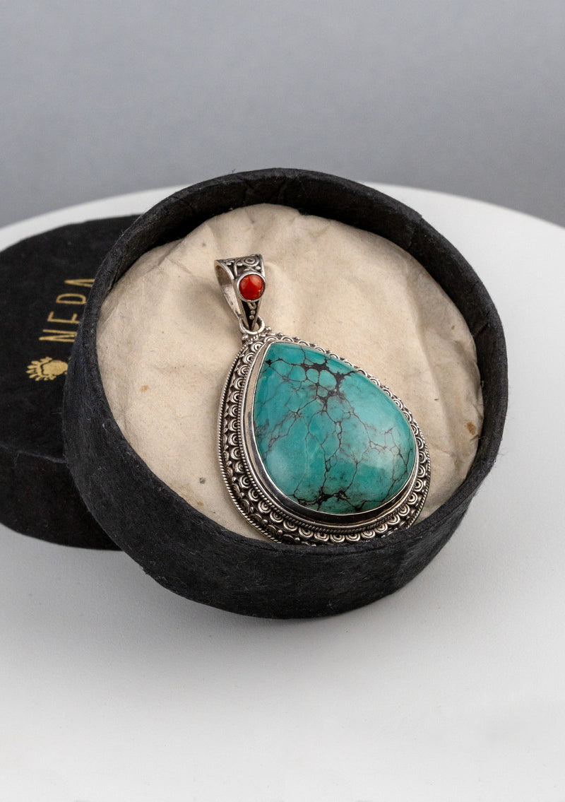 925 Sterling Silver Turquoise & Coral Filigree Pendant
