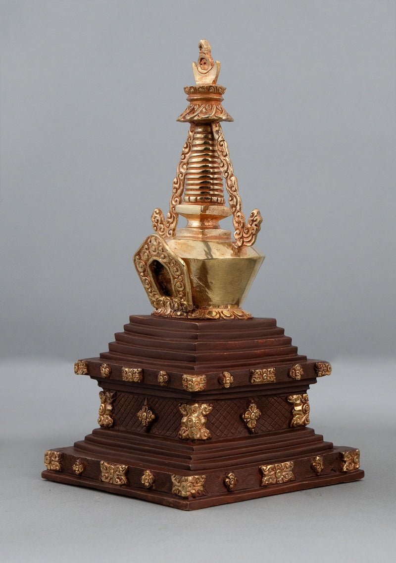 Partly Gold Plated Tibetan Stupa Chorten 9.5" H