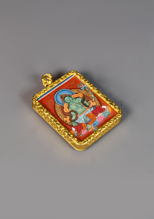 Green Tara  Mini Thangka Amulet Gold Color Frame