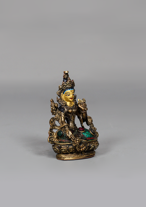 Stone Inlaid Copper Green Tara Statue 3" H