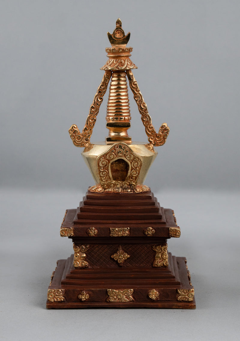 Partly Gold Plated Tibetan Stupa Chorten 9.5" H