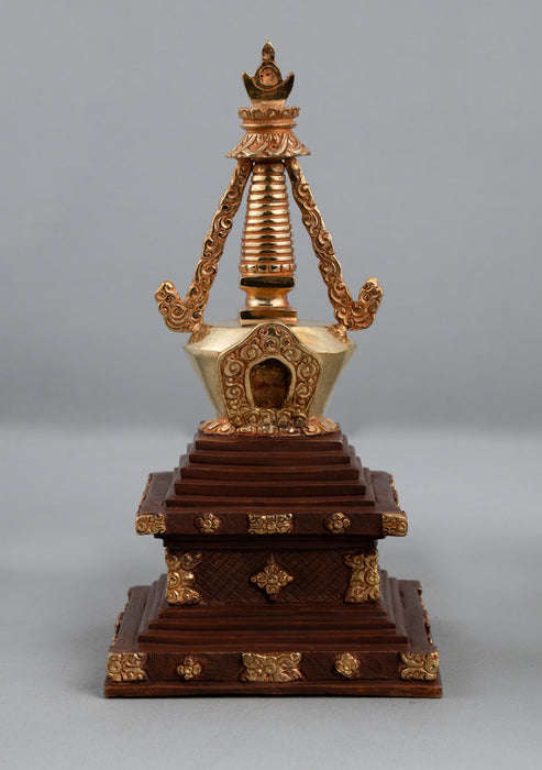 Partly Gold Plated Tibetan Stupa Chorten 9.5" H