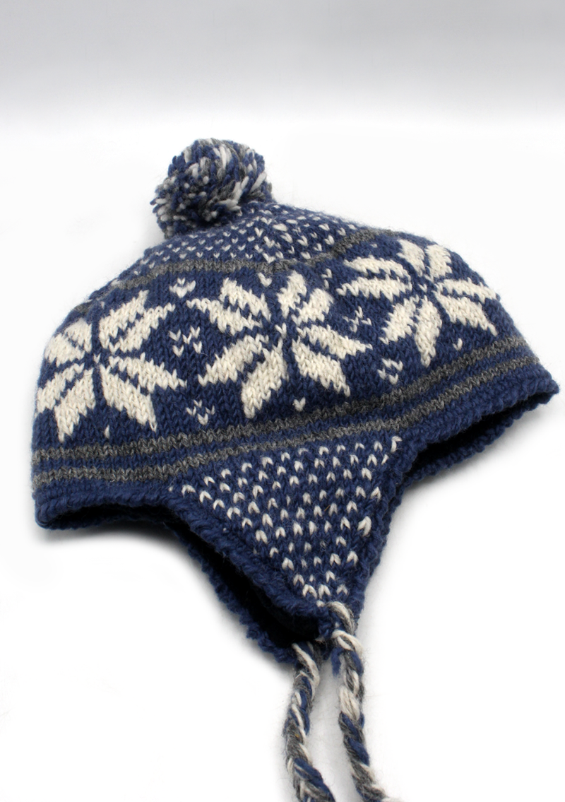 Hand Knitted  Snowfalke Blue Sherpa  Cap