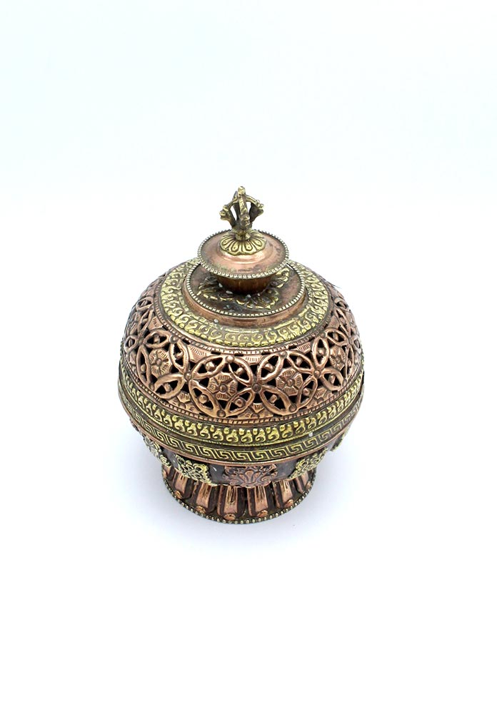 Round Astamangal Copper Floral Design Incense Burner with Lotus Base