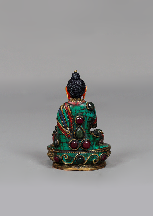 Stone Inlaid Copper Amoghasiddhi Buddha Statue 3.25" H