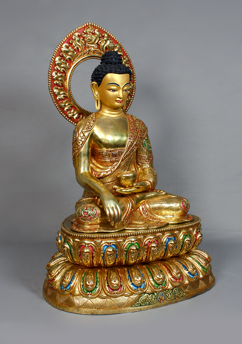 8 Auspicious Symbol Engraved Masterpiece 24K Shakyamuni Buddha Statue 1.7 feet high