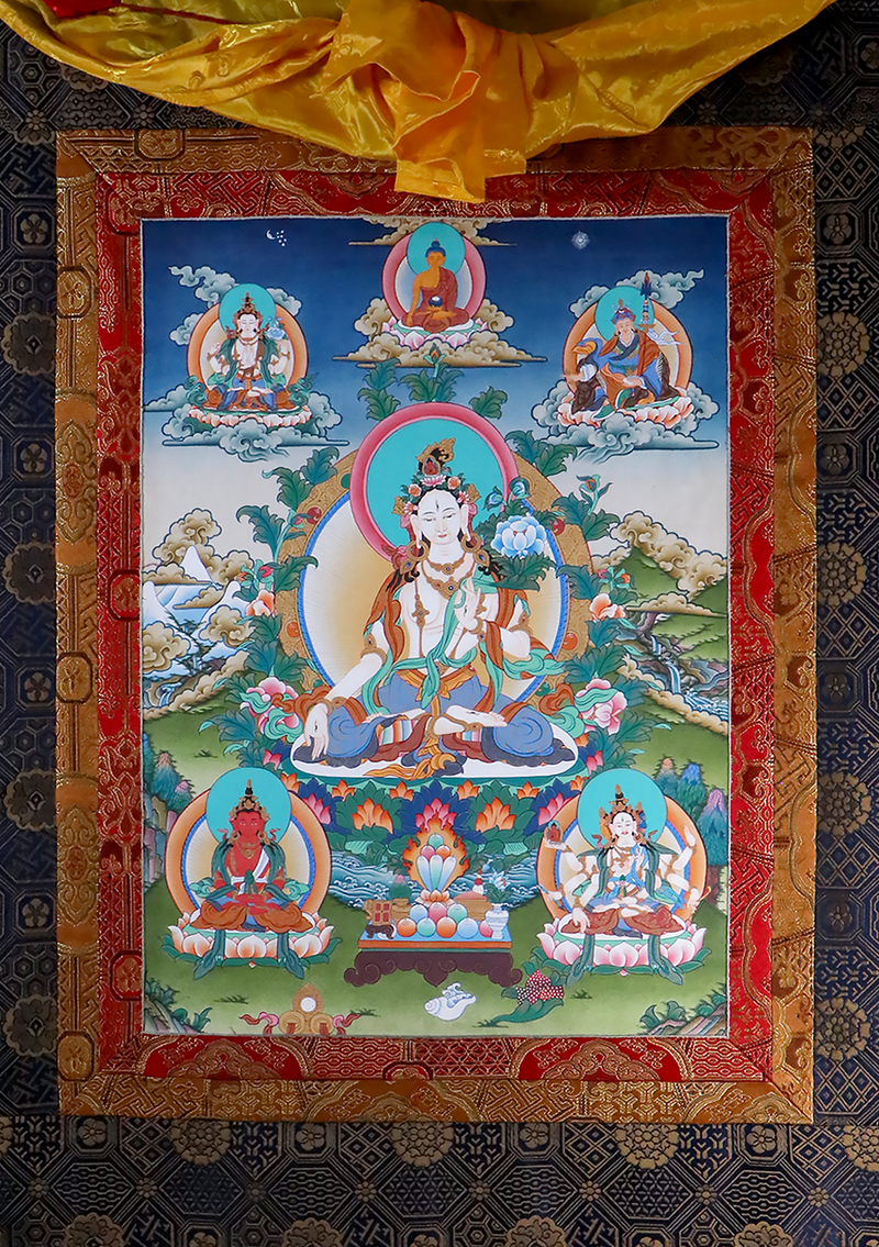 White Tara Brocade Thangka Painting