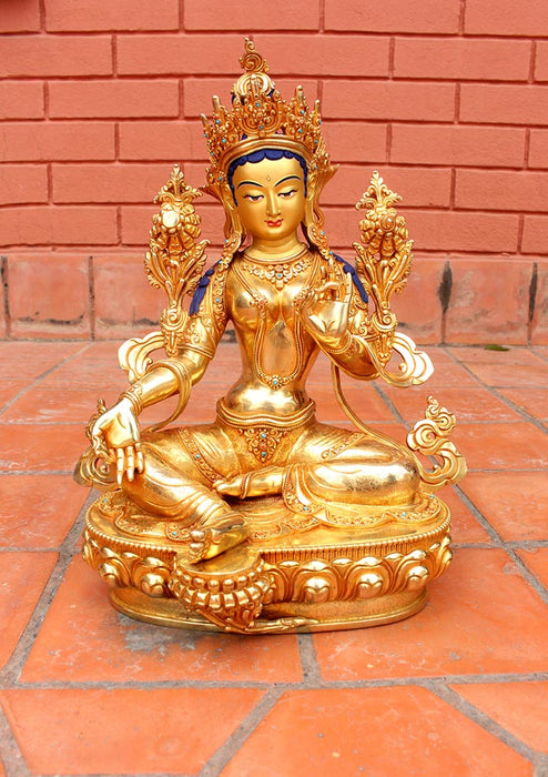 Majestic  24K Gold Gilted Green Tara Statue 14" H