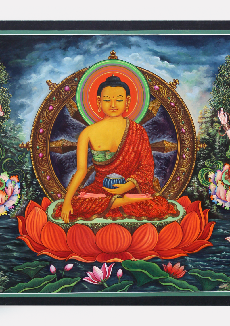 Shakyamuni Buddha with Chenrezig & Vairocana Thangka Painting