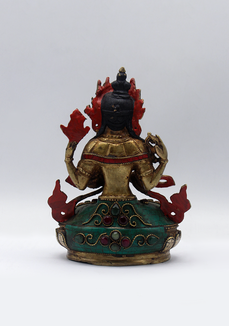 Stone Inlaid Copper Chenrezig Statue 6"H (1)