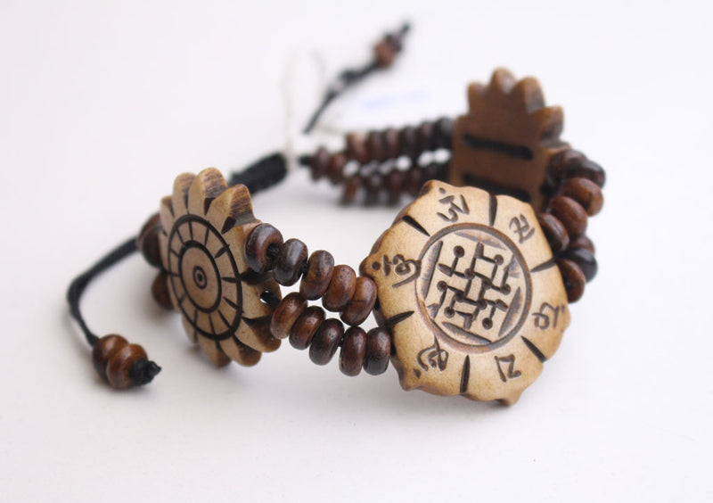 Om, Endless Knot and 8 Auspicious Symbol Carved Yak Bone Adjustable Bracelet