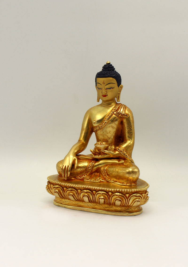 Full Gold Plated Floral Motif Carved Shakyamuni Buddha Statue 5.5"H