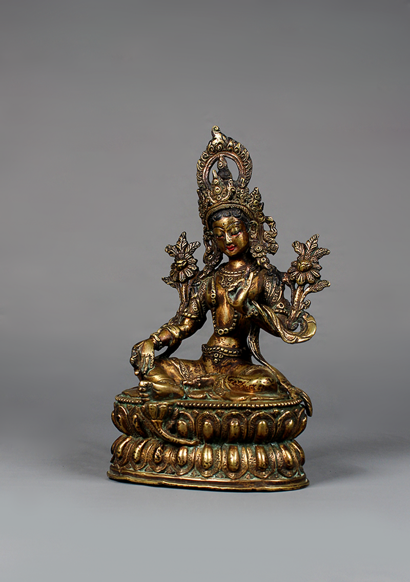 Antique Style  Gilted Green Tara Statue 8.5"