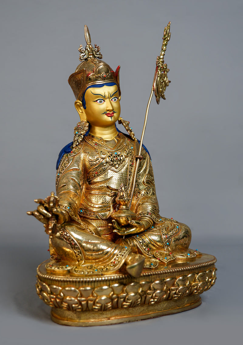 Masterpiece Fully Gold Plated Guru Rinpoche (Padmasambhava) Statue – Sacred Tibetan Buddhist Art | 14” H