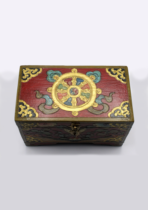 Handpainted Tibetan Dharmachakra Wooden Box -Large