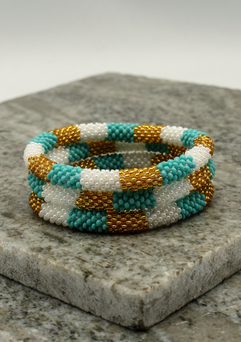White Blue Gold Roll on Beads Bracelet
