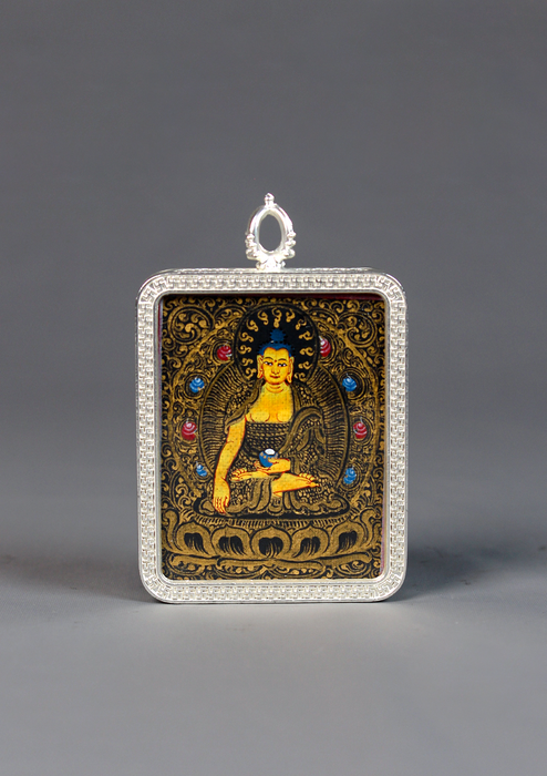 Shakyamuni Buddha Mini Thangka Amulet Pendant Silver