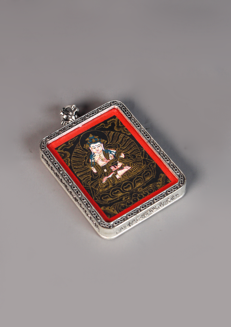 Vajrasattva Mini Thangka Amulet Pendant Silver Color Frame