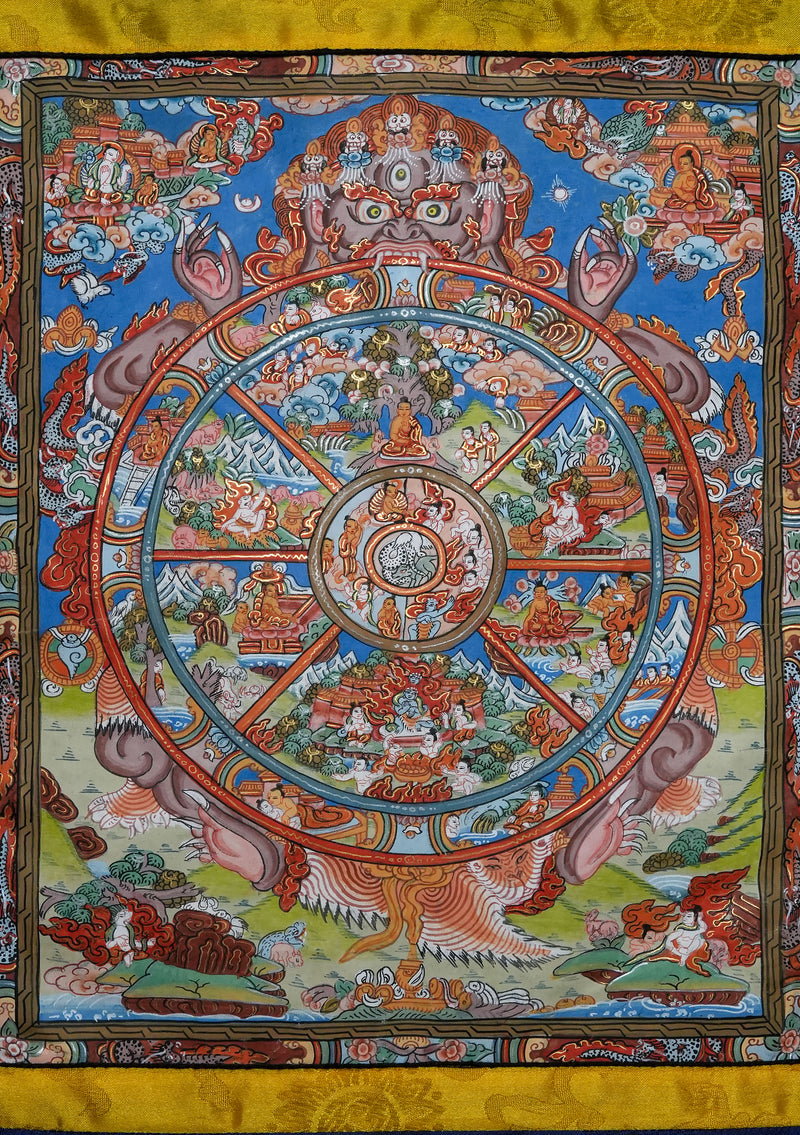 Wheel of Life Thangka Painting with Blue  Brocade