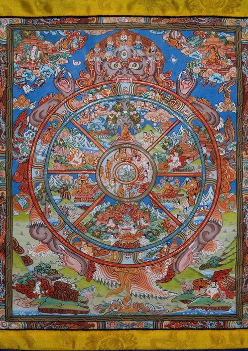 Wheel of Life Thangka Painting with Blue  Brocade