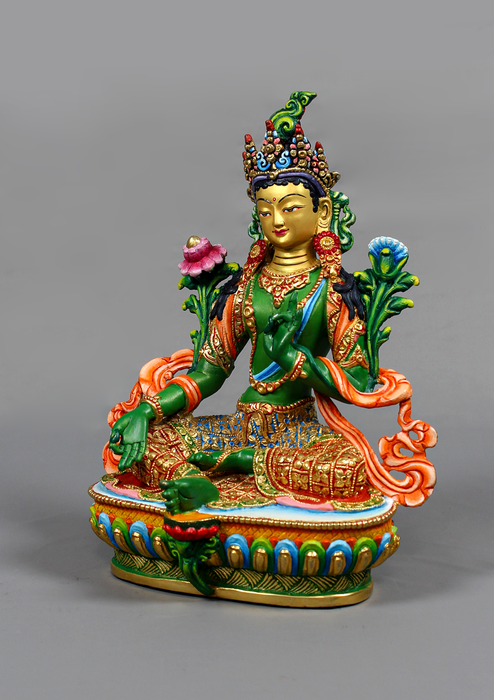 Green Tara Handpainted and Partly Gold Gilded Statue