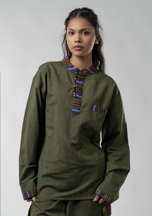 Bhutanese Pattern Cotton Kurta  Shirt - Olive Green