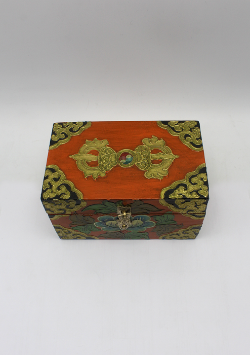 Handpainted Tibetan Wooden Box with Dorjee- Medium
