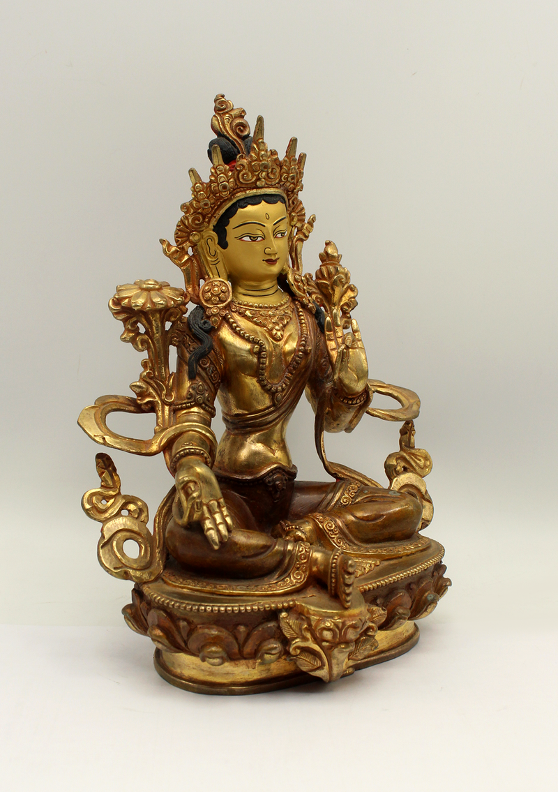 God of Compassion  Gold Plated Green Tara Statue 8.5" H